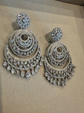 Silver Crystal Chandbali Statement Earrings